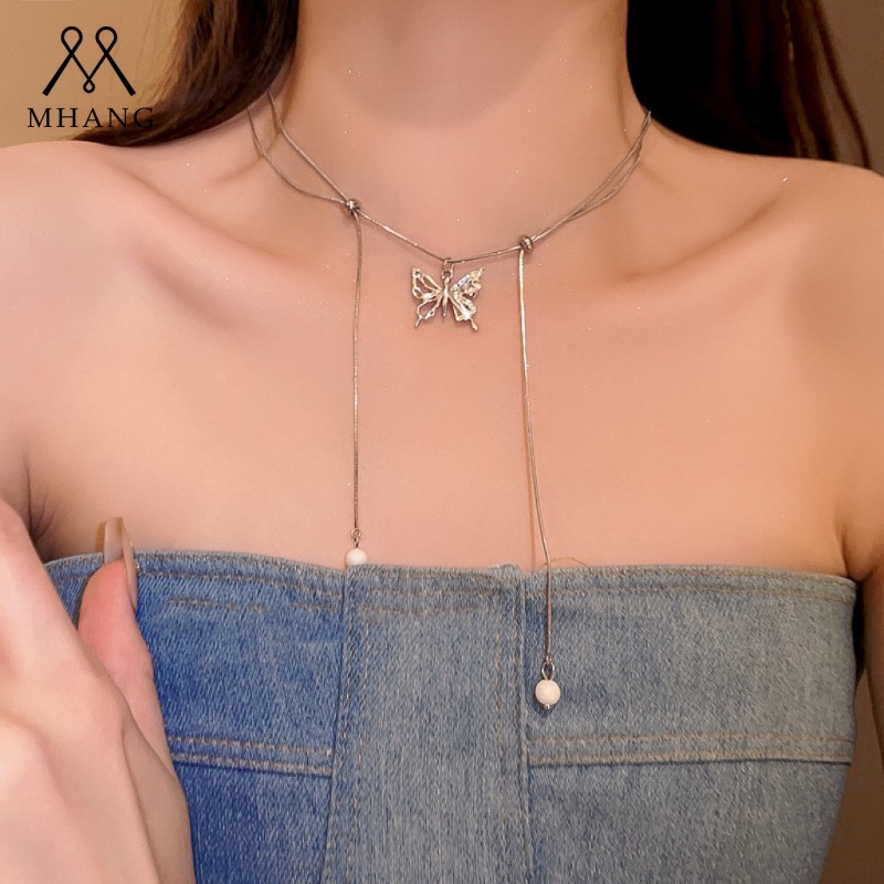 Kalung Mutiara Kupu-Kupu Perak Korea Untuk Wanita Y2K Manis Keren Fashion Adjustable Fringe Necklace Panjang