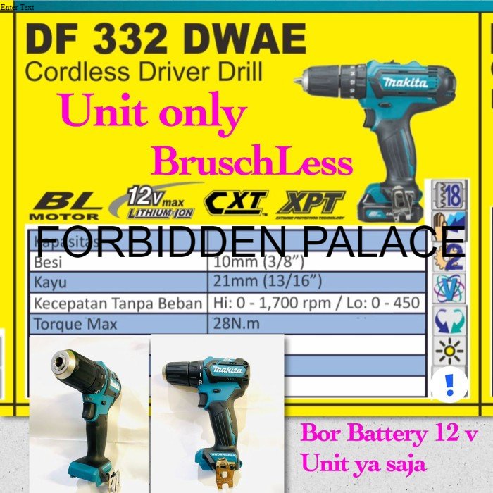 Dijual Mesin Bor Baterai 12V DF 332 DWAE / Cordless BRUSHLESS  UNIT ONLY BGJ346
