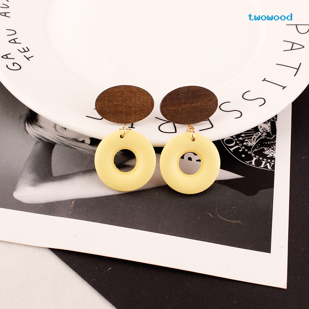 Twowood Fashionable retro wooden earrings fashion Wanita all-match oval ring log earrings Kepribadian Anting Panjang