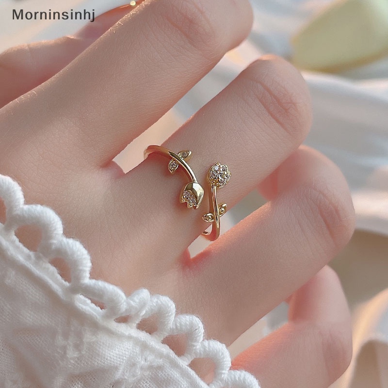 Mornin Warna Emas Romantis Lucu Bunga Tulip Zirkon Pembukaan Adjustable Jari Cincin Untuk Wanita Fashion Manis Elegan Pesta Perhiasan Hadiah id