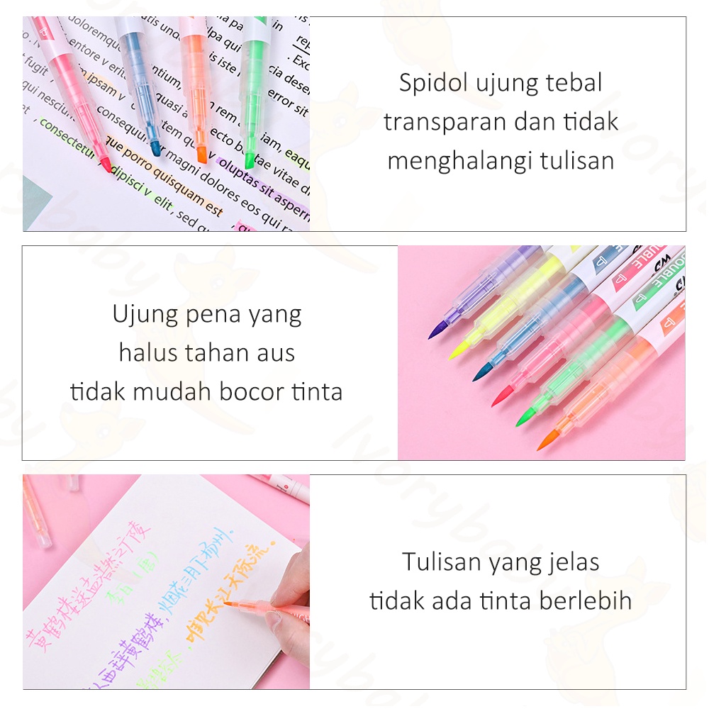 Ivorybaby Highlighter pen Stabilo Panjang 6 Warna dan 12 warna Stabilo warna warni 2arah