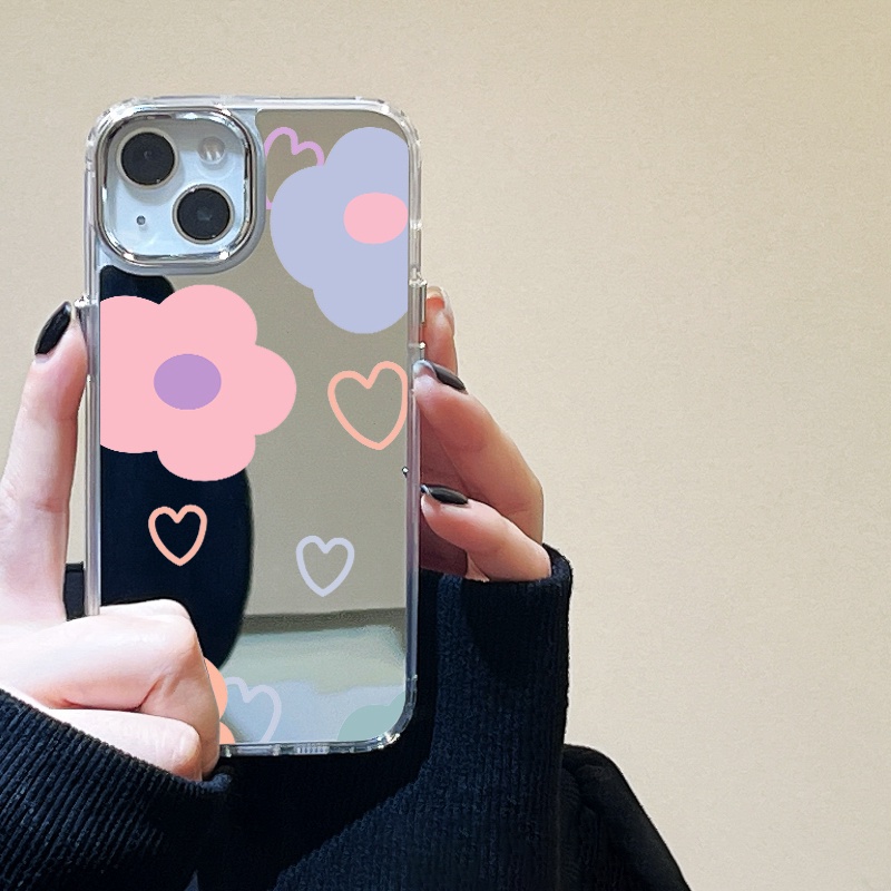 IPHONE Casing Ponsel Cermin Bunga Pink Biru Kompatibel Untuk Iphone11 12 13 14 12Pro 13Pro 14Pro Pro Max XR X XS Max Electroplating Tombol Perlindungan Mirror Cover