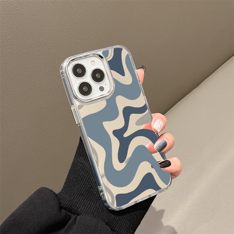 IPHONE Art Abu-Abu Biru Lukisan Cermin Ponsel Case Kompatibel Untuk Iphone11 12 13 14 12Pro 13Pro 14Pro Pro Max XR X XS Max Electroplating Tombol Perlindungan Mirror Cover