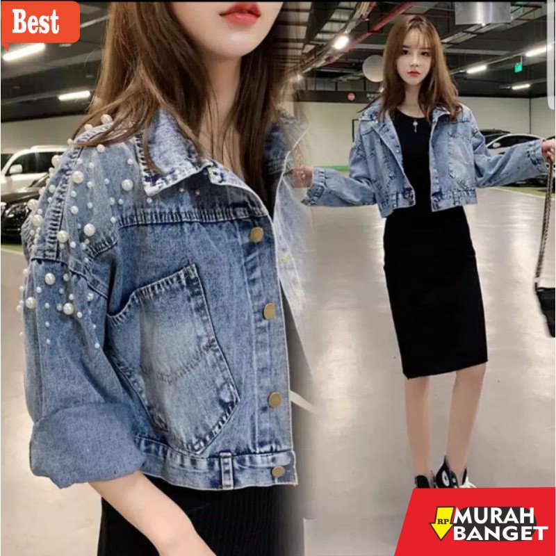 Jaket denim wanita terbaru- JAKET CROP JEANS MUTIARA WANITA / JAKET JEANS KEKINIAN / JAKET JEANS TER