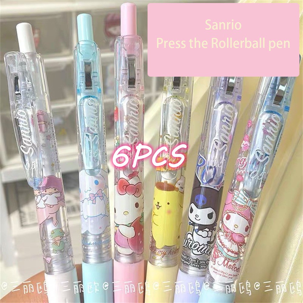 ღ 6Pcs Sanrio Pena Netral Tinta Hitam Pena Gel Abs Ujian Tanda Tangan Bahan Sekolah Pena Gel Tinta Cepat Kering Perlengkapan Siswa untuk Hadiah Anak-anak