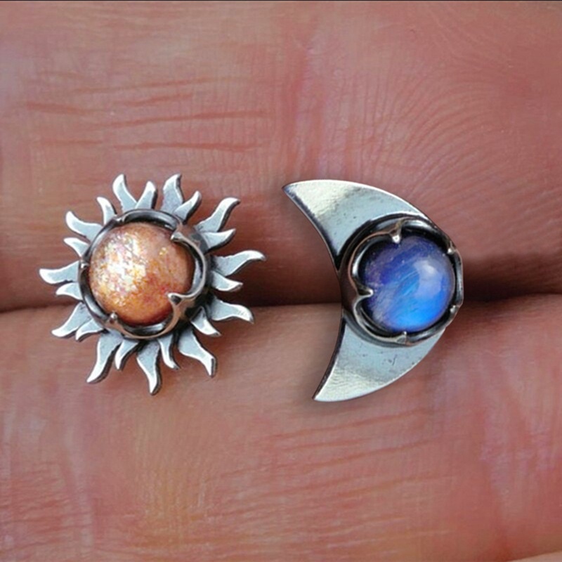 Vintage Sun And Moon Stud Earrings Bohemian Moonstone Perak Menjuntai Anting Untuk Wanita Fashion Perhiasan Aksesoris