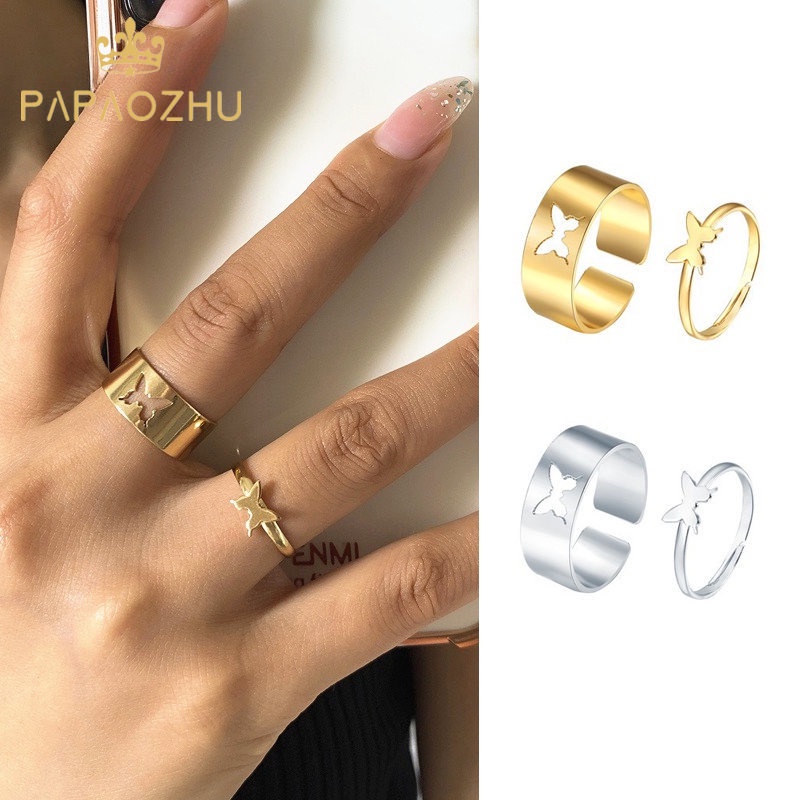 Papaozhu 2 Pcs Punk Perak Emas Logam Berongga Kupu-Kupu Pasangan Cincin Set Untuk Wanita Pria Unisex Chunky Cincin Pecinta Teman Jari Perhiasan Hadiah