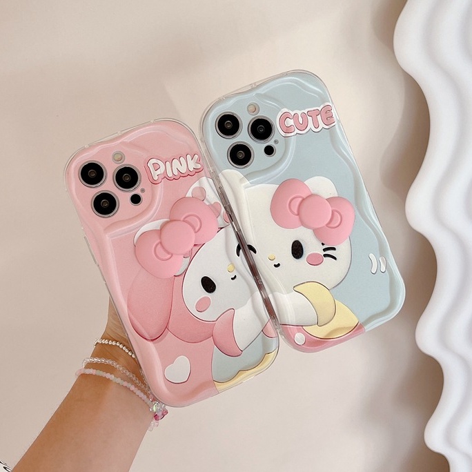 Cream Casing Pink Melody Kitty Bow Popsocket Soft Case HP iP iPhone 6 6S 7 8 14 + Plus SE 2020 2022 X XS XR 11 12 13 Pro Max Girl Woman