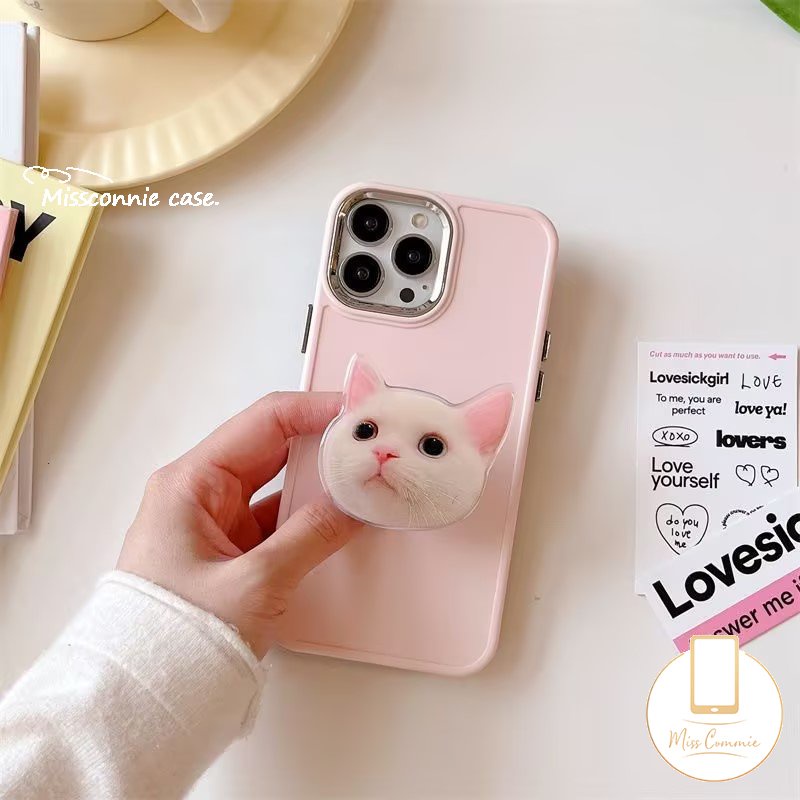 Casing Warna Solid Simple Plating Mewah Kompatibel Untuk IPhone 7plus X XR 11 14 13 12 Pro MAX 7 8 Plus XS MAX Frame Lensa Metal Soft Cover Dengan Braket Kucing Kitty Lucu