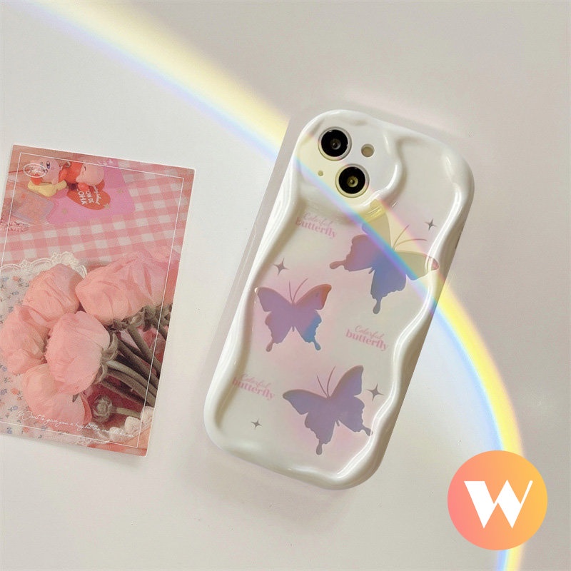 Casing Ponsel 3D Wavy Curved Edge Kompatibel Untuk IPhone 13 12 14 11 Pro MAX 6S 7 6 8 Plus Se2020 7Plus XR XS X MAX INS Korea Glitter Fantasy Retro Lucu Indah Butterfly Case