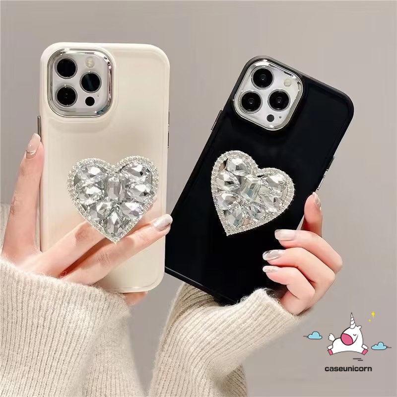 Casing Ponsel Bingkai Lensa Logam Plating Sederhana Kompatibel Untuk IPhone 7plus XR X11 13 14 12 11 Pro Max7 8 Plus XS MAX Mewah Warna Macaron Cinta Hati Berlian Holder Bracket Soft Cover