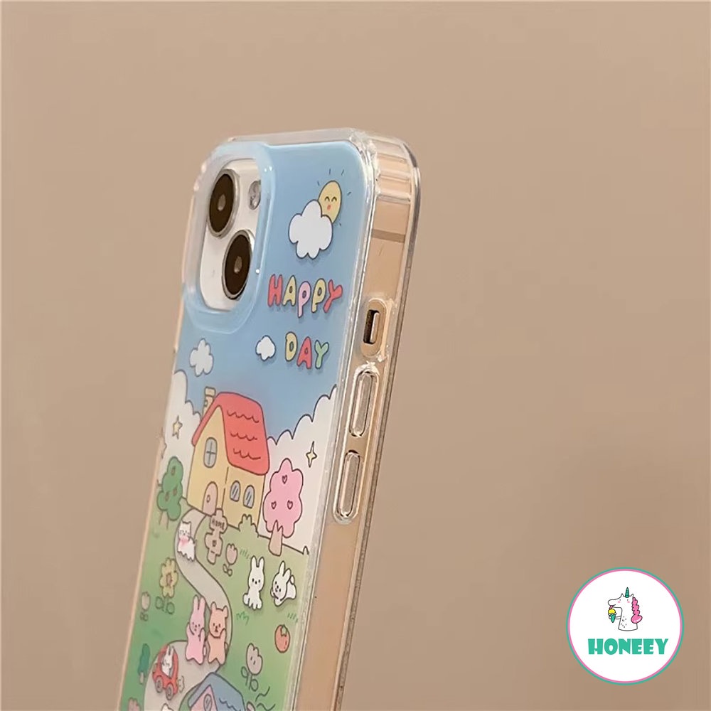 IPHONE Ins Kartun Beruang Kelinci Ilustrasi Ponsel Case Kompatibel Untuk Iphone14 Pro Max13 12promax Case Untuk Iphone11Sarung Belakang Tahan Guncangan Akrilik