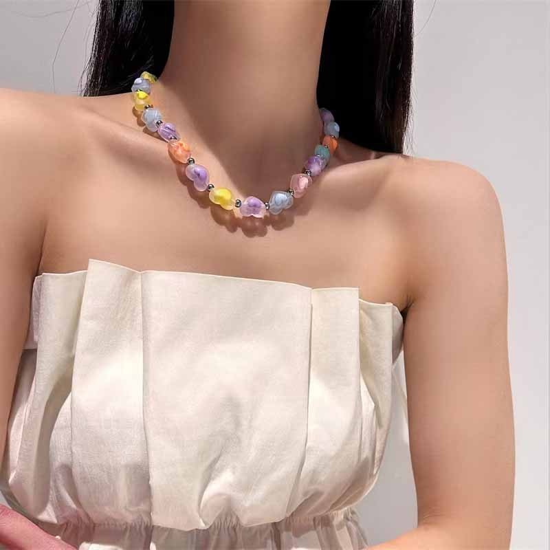 Ahellogirl Dopamin Candy Sweetheart! Warna-warni Busur Rumbai Kalung Perempuan Niche Desain Net Merah Aksesoris Manis Keren Panas Gadis Klavikula Rantai