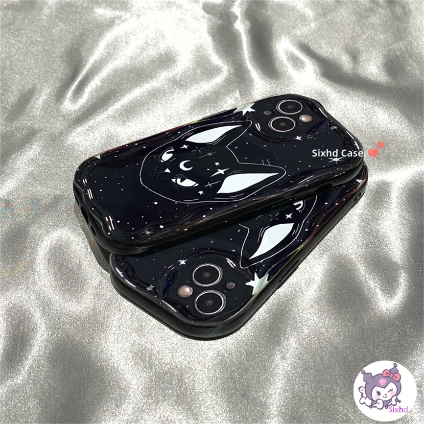 Compatible For iPhone 14 13 12 11 Pro Max SE2020 X Xr Xs Max 8 7 6 6s Plus Ins Cartoon Black Cat 3D Curved Edge Wave Glossy Shockproof Phone Case Soft Cover