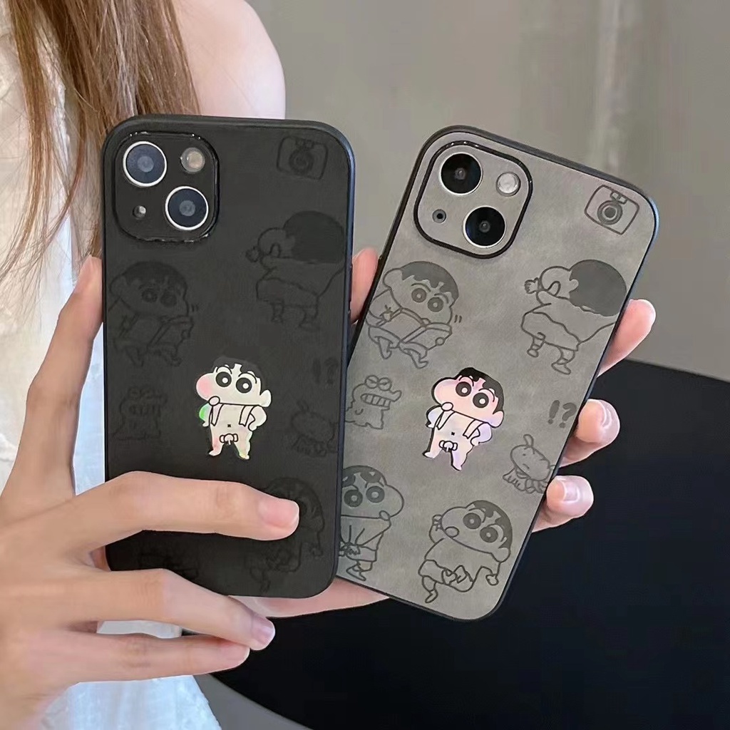 【Gradient Laser】Cool Cute Crayon Shin-chan Soft Bumper Hard Case IPhone 11 12 13 14 Pro Max Camera Protect for Girl Women Man Men's Fashion Gift Black Gray Cartoon Phone Case