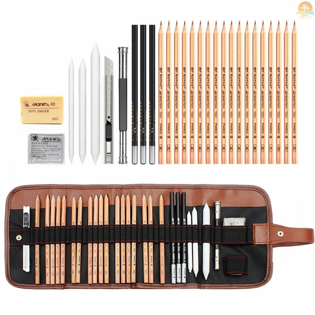 In Stock 29PCS Set Pensil Menggambar Sketsa Arang Pensil Seni Profesional Perlengkapan Seni Dengan Tas Kantong Penyimpanan Potrait Alat Gambar Hadiah Besar Untuk Pelajar Dewasa Pemula Dan