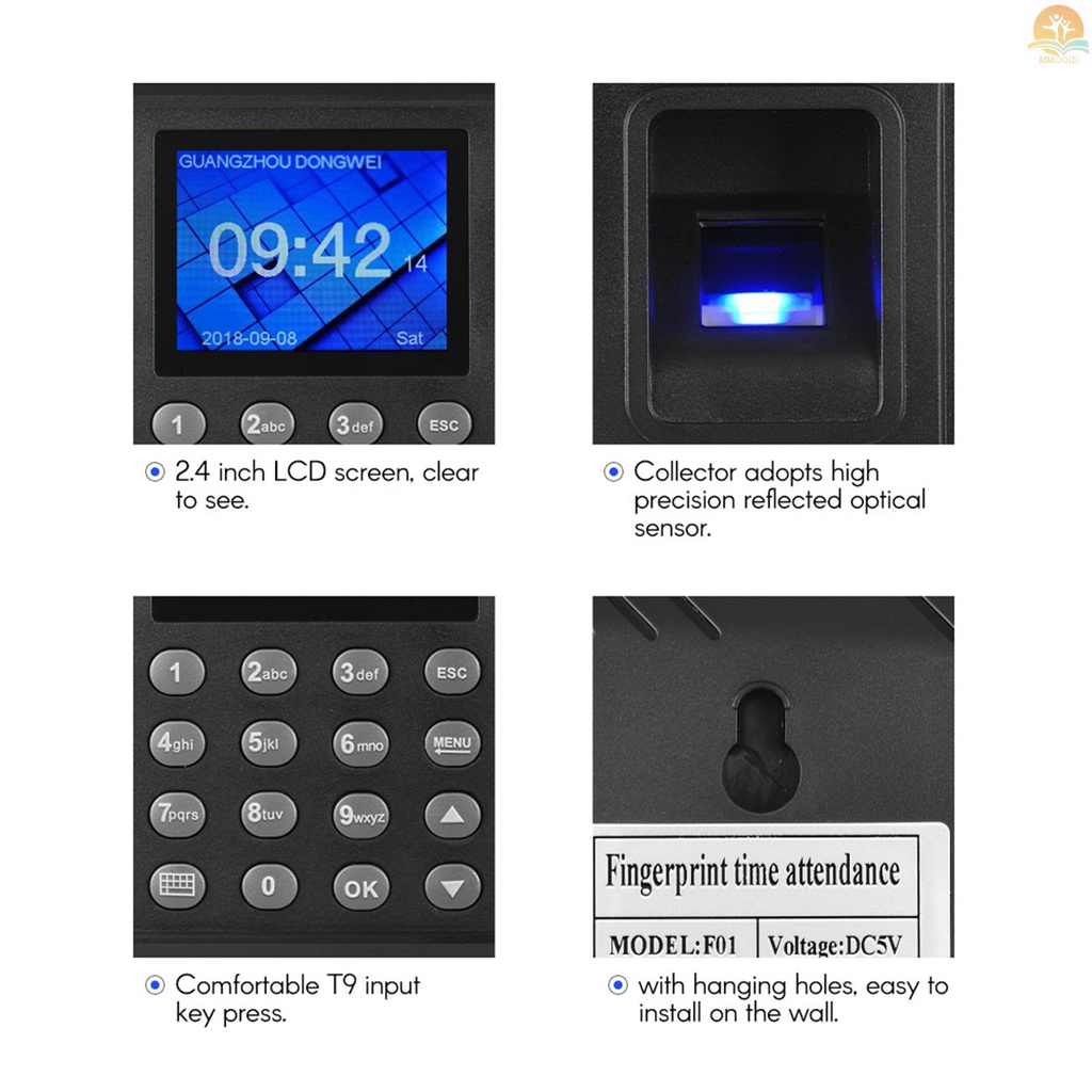 In Stock Mesin Absensi Password Sidik Jari Biometrik Multi Bahasa Dengan Layar LCD 2.4 Inci Waktu Manajemen Karyawan Jam Cek-in Recorder Support U Disk Untuk Mengunduh Da