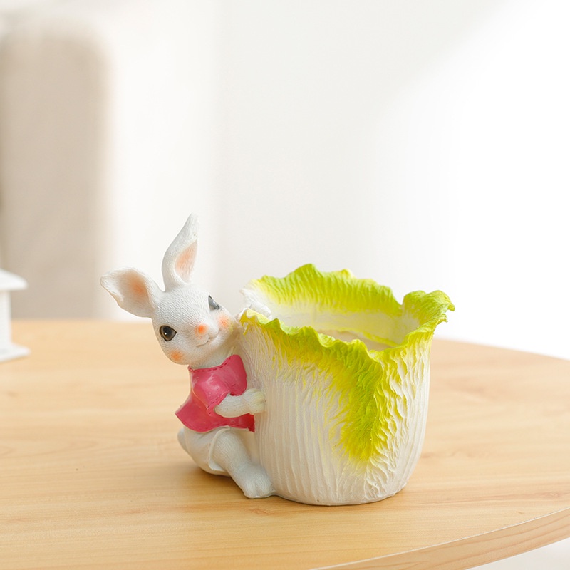 ღ Cute Fun Rabbit Shape Flowerpot Creative Bunny Resin Pot Bunga Pot Wadah Penyimpanan Desktop Dekorasi Desktop Kreatif