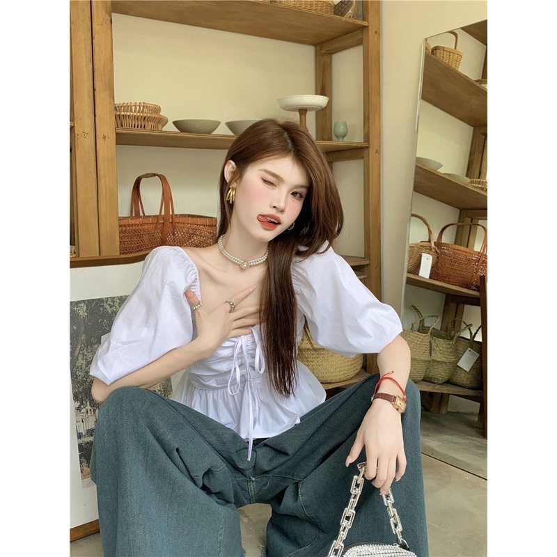 Summer Blouse Wanita Korean Puff Lengan Pendek Lipatan Crop Top