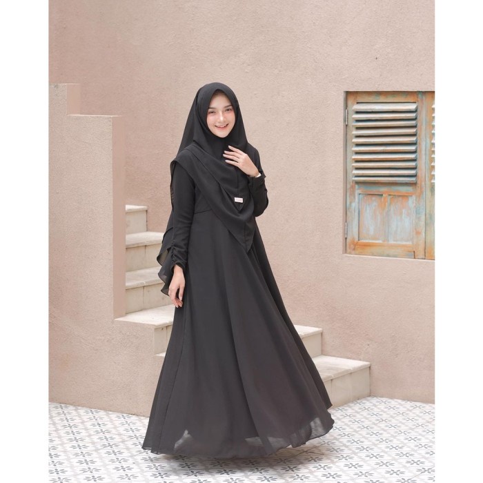 New Trend Style Gamis Dress Syari Wanita Muslim Busui JUMBO FREE HIJAB Polos HITAM - S