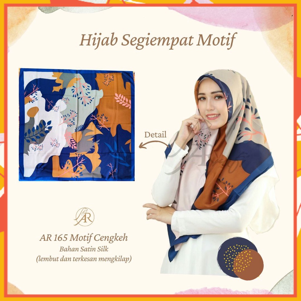 Hijab Arrafi Segi Empat Motif Premium Hijab Arrafi Terbaru AR 165 Satin Motif 2 Cengkeh Blue Kerudun