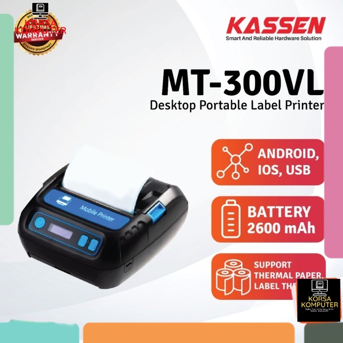 Printer Label Thermal 80mm Kassen Mt-300vl(Usb+Bluetooth) Label Alamat Portable Printer Thermal 80 M