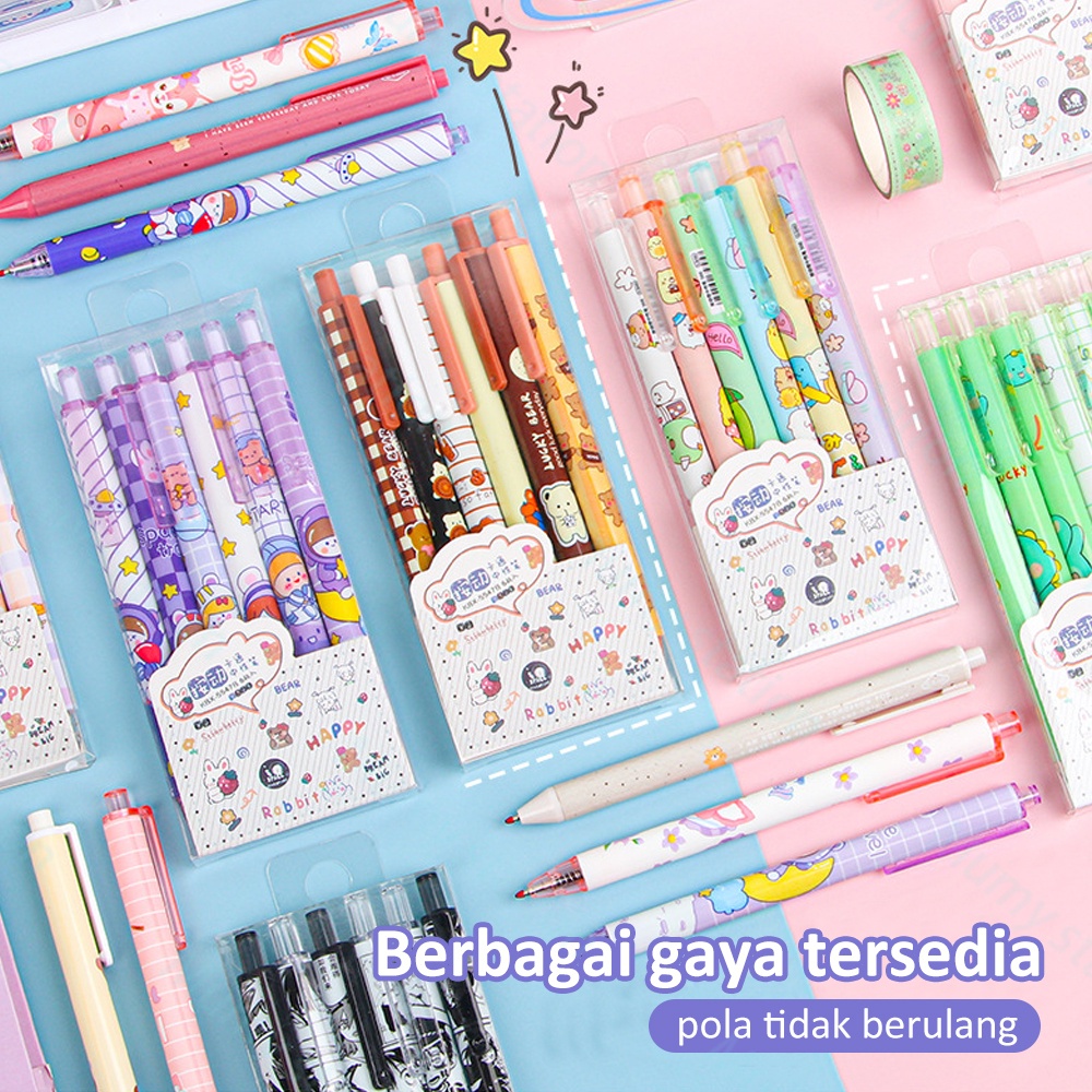 Mumystation 6Pcs Pulpen Mekanik Gel Motif Lucu /Bolpen Gel Karakter Pen Gel Mekanik