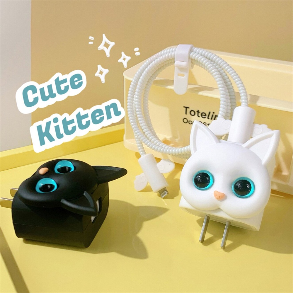 Cute Charger Protector Hitam Dan Putih Berbentuk Kucing Charging Head Protector Alat Pembungkus Pelindung Kabel Data Untuk IPhone 20W Quick Charging Protector