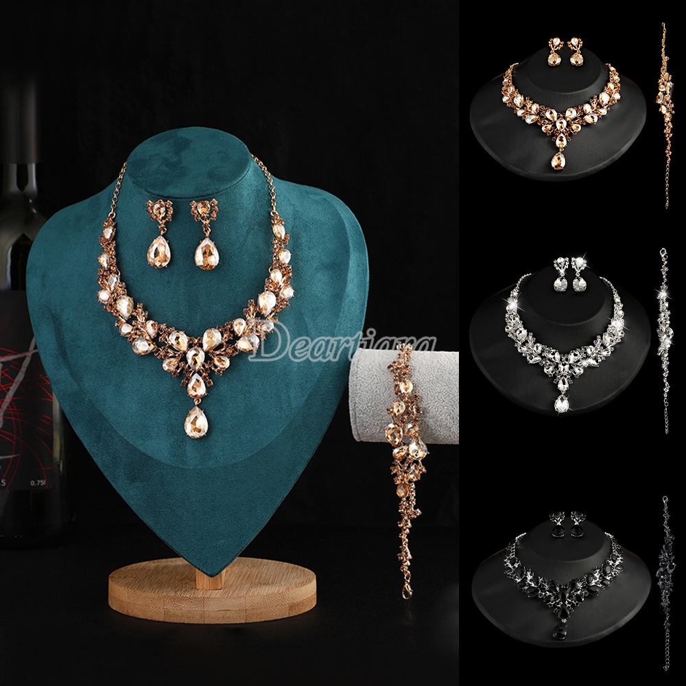 Water Drop Super Flash Kalung Pengantin Tiga Potong Berlian Air Kristal Pendek Set Perhiasan