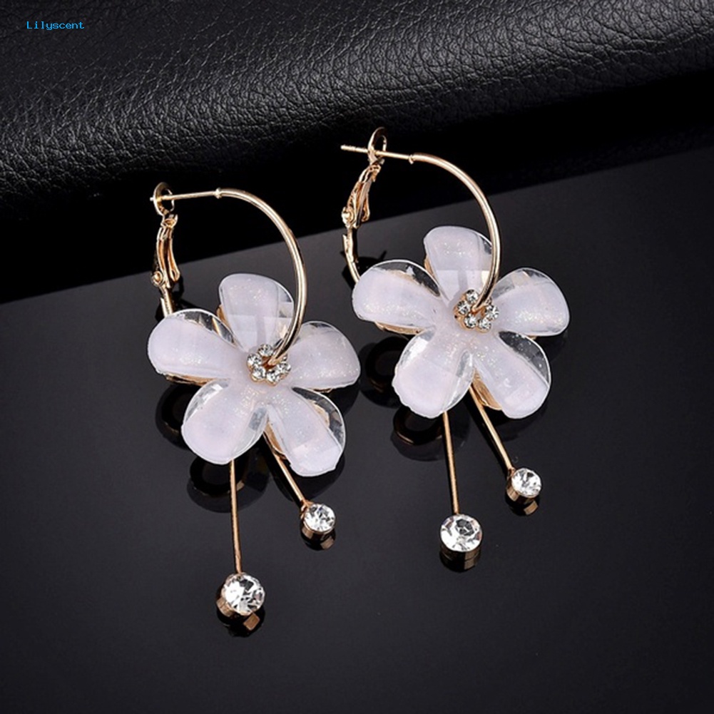 Lilyscent Berlian Imitasi Elegan Bunga Panjang Rumbai Liontin Huggie Earrings Statement Jewelry