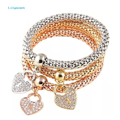 Lilyscent 3Pcs Fashion Wanita Berlian Imitasi Cinta Hati Liontin Elastis Gelang Bangles