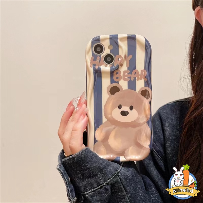 IPHONE Casing Kompatibel Untuk Iphone14 13 12 11 Pro Max X Xr Xs Max8 7 6 6s Plus SE 2020 Fashion Garis Biru Beruang Ponsel Case Perlindungan Lensa Shockproof Bumper Silikon Cover Pelindung