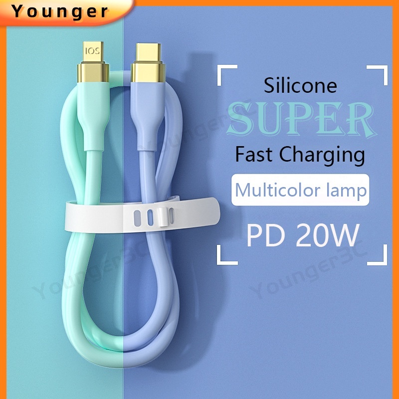 Kabel PD20W Silikon Sejati Yang Kompatibel Penuh Kabel Pengisian Cepat Kepala Lapis Emas Dengan Lampu Warna-Warni Kabel Data Usb Ke Tipe-c 66W