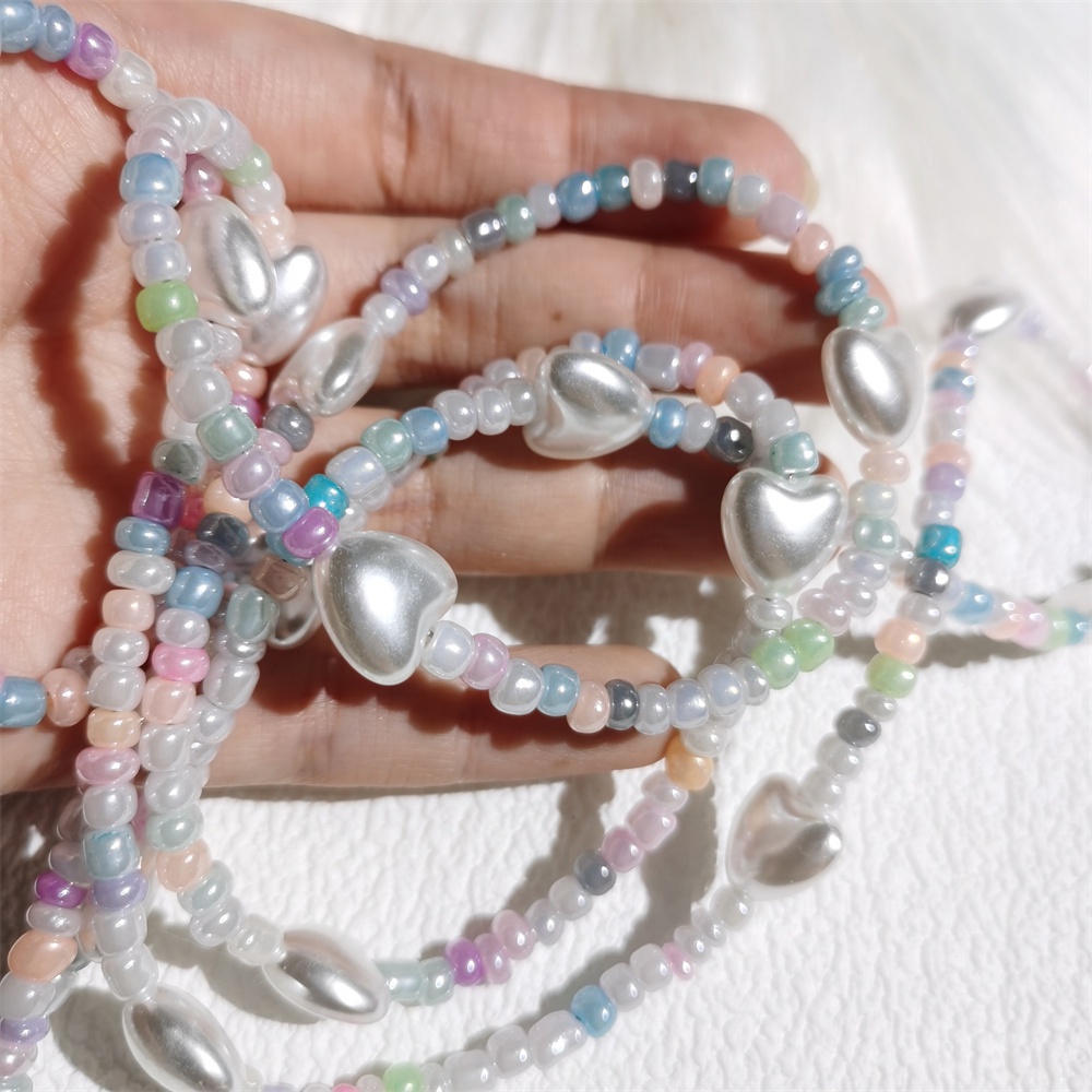 Beige Jantung Bahu Messenger Ponsel Rantai Panjang Anti-Hilang Akrilik Warna-Warni Manik Gantungan Kunci