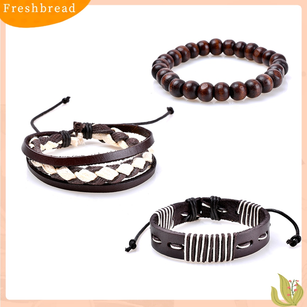 &lt; Freshbread &gt; 3Pcs Manik-Manik Kayu Kepang Retro Perhiasan Gelang Bangles Kulit Imitasi Untuk Pria