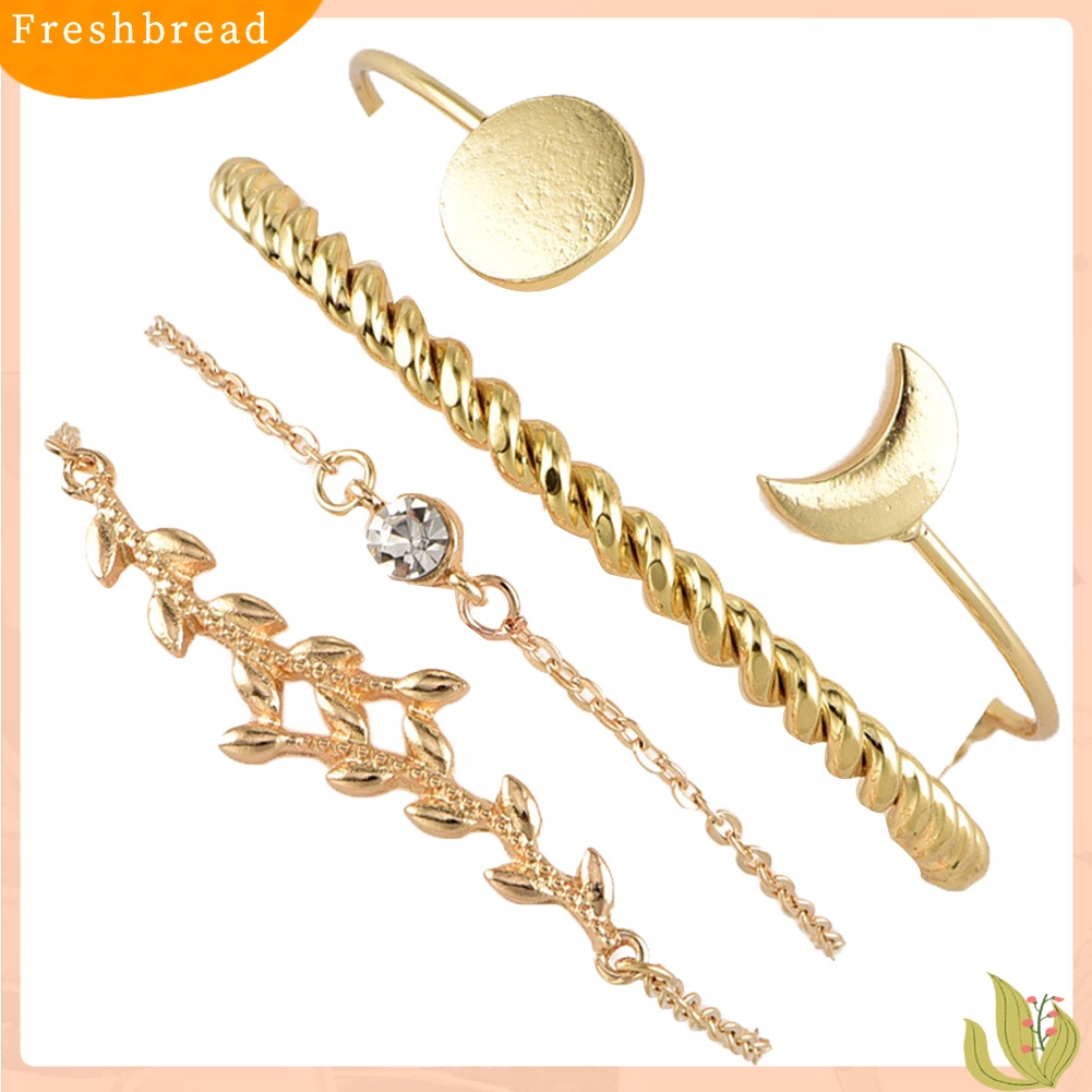 &lt; Freshbread &gt; 4Pcs/Set Wanita Fashion Bulan Memutar Terbuka Bangle Daun Berlian Imitasi Bertatahkan Gelang