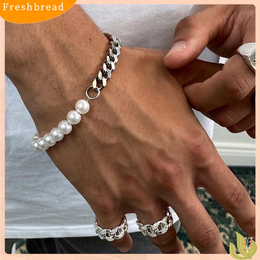 &lt; Freshbread &gt; Pria Gelang Penampilan Sederhana Hip-hop Perhiasan Fashion Mutiara Imitasi Rantai Kuba Splicing Bangle Untuk Kehidupan Sehari-Hari