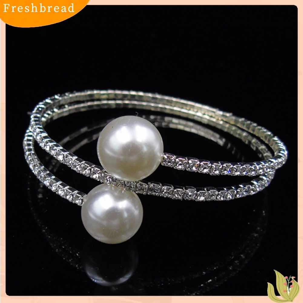 &lt; Freshbread &gt; Wanita Penuh Berlian Imitasi Multi-layer Gelang Pergelangan Tangan Mutiara Imitasi Cuff Open Bangle