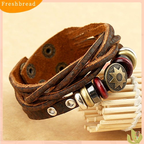 &lt; Freshbread &gt; Pria Vintage Braided Gelang Kulit Punk Bintang Tali Multilayer Warp Cuff Bangle