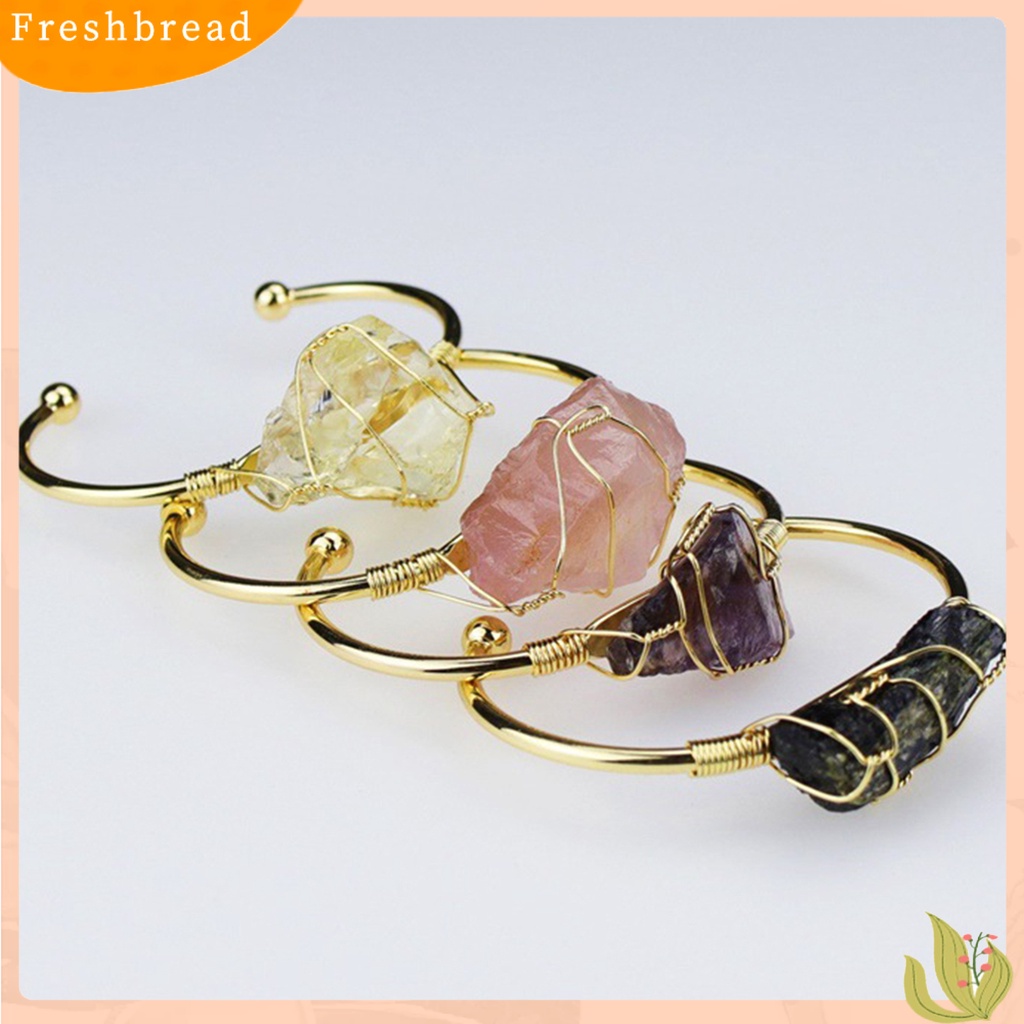 &lt; Freshbread &gt; Wanita Gelang Kawat Bungkus Batu Alam Paduan Tidak Teratur Batu Pembukaan Adjustable Bangle Perhiasan Hadiah