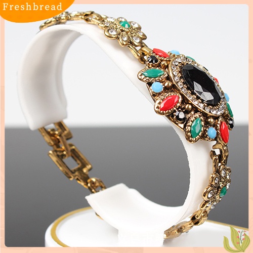 &lt; Freshbread &gt; Lady Vintage Bohemia Gelang Rantai Warna-Warni Resin Berlian Imitasi Berlapis Emas Bangle