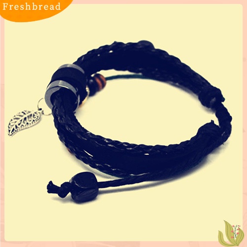 &lt; Freshbread &gt; Unisex Multi-layer Gelang Kulit Imitasi Daun Liontin Beads Adjustable Jewelry