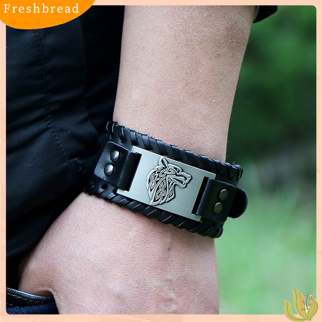 &lt; Freshbread &gt; Pria Bangle Lebar Yang Dapat Disesuaikan Dikepang Kulit Imitasi Hadiah Paduan Retro Hewan Kepala Manset Gelang Perhiasan Aksesoris