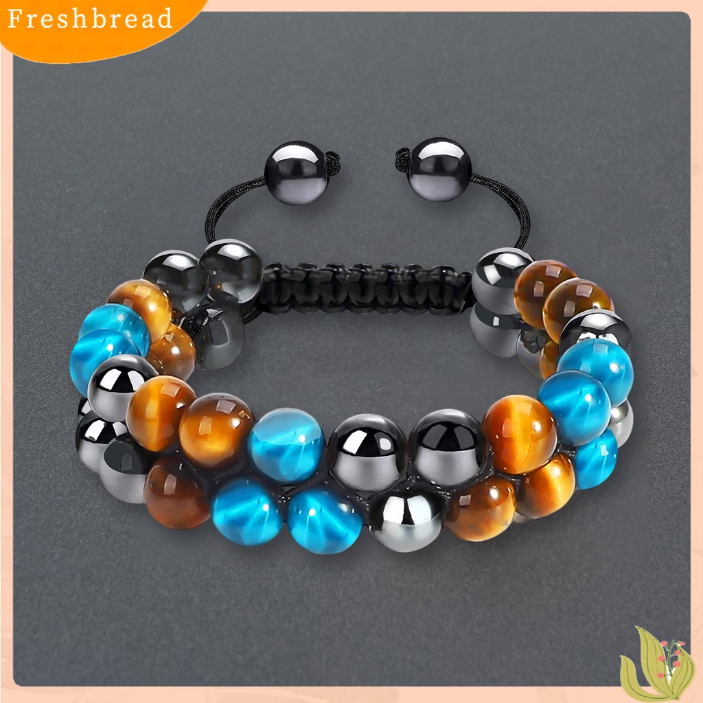 &lt; Freshbread &gt; Gelang Pria Dikepang Tali ic Double Layer Adjustable Serut Kepribadian Hias Tiger Eye Faux Rock Stone Pria Gelang Perhiasan Aksesori