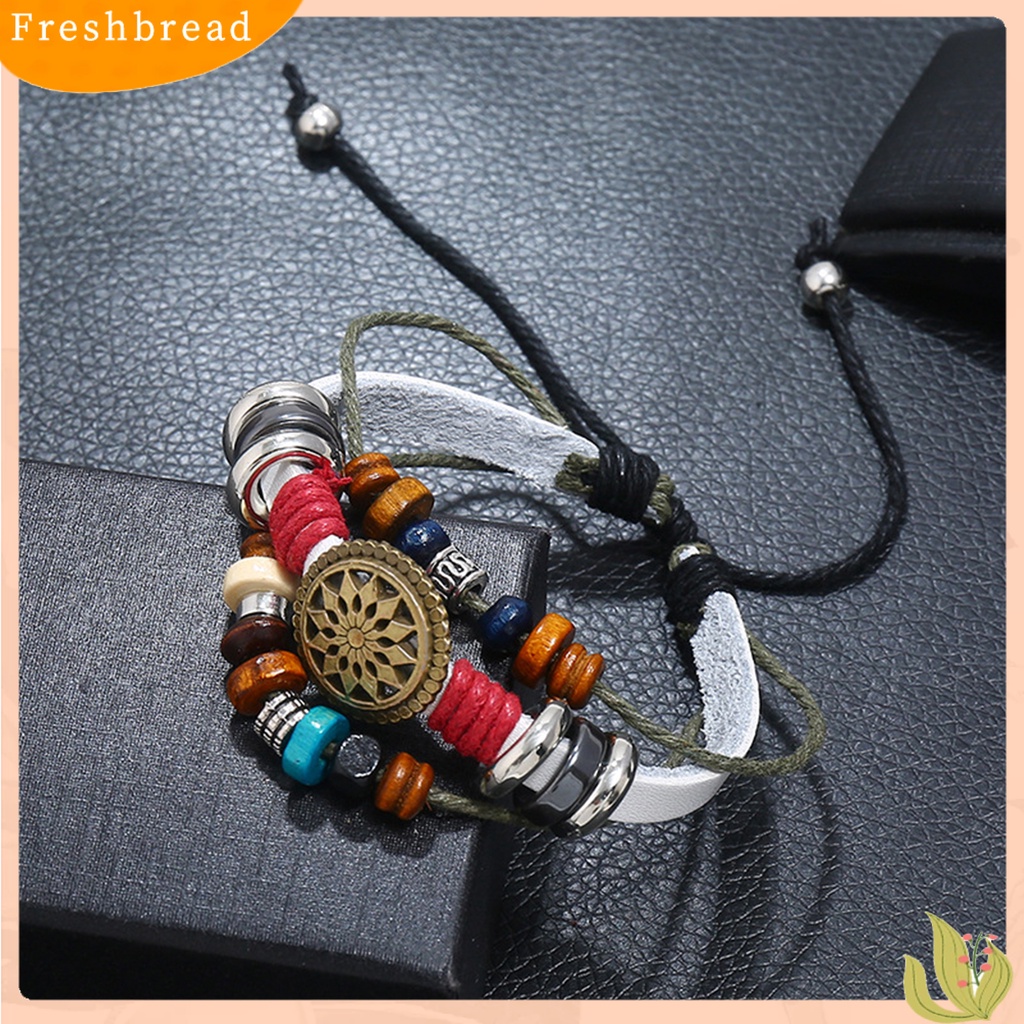 &lt; Freshbread &gt; Gelang Kulit Imitasi Vintage Tiga Lapisan Dikepang Bungkus Manik-Manik Kayu Adjustable Hias Hadiah Pria Wanita Gelang Tali Bangle Perhiasan Untuk Pakaian Sehari-Hari