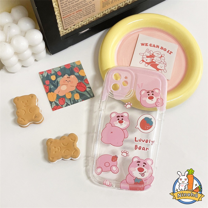 IPHONE Casing Kompatibel Untuk Iphone14 13 12 11 Pro Max X Xr Xs Max8 7 6 6s Plus Kartun Lucu Strawberry Bear Phone Case Clear Airbag Cushion Silikon Tebal Shockproof Cover Pelindung