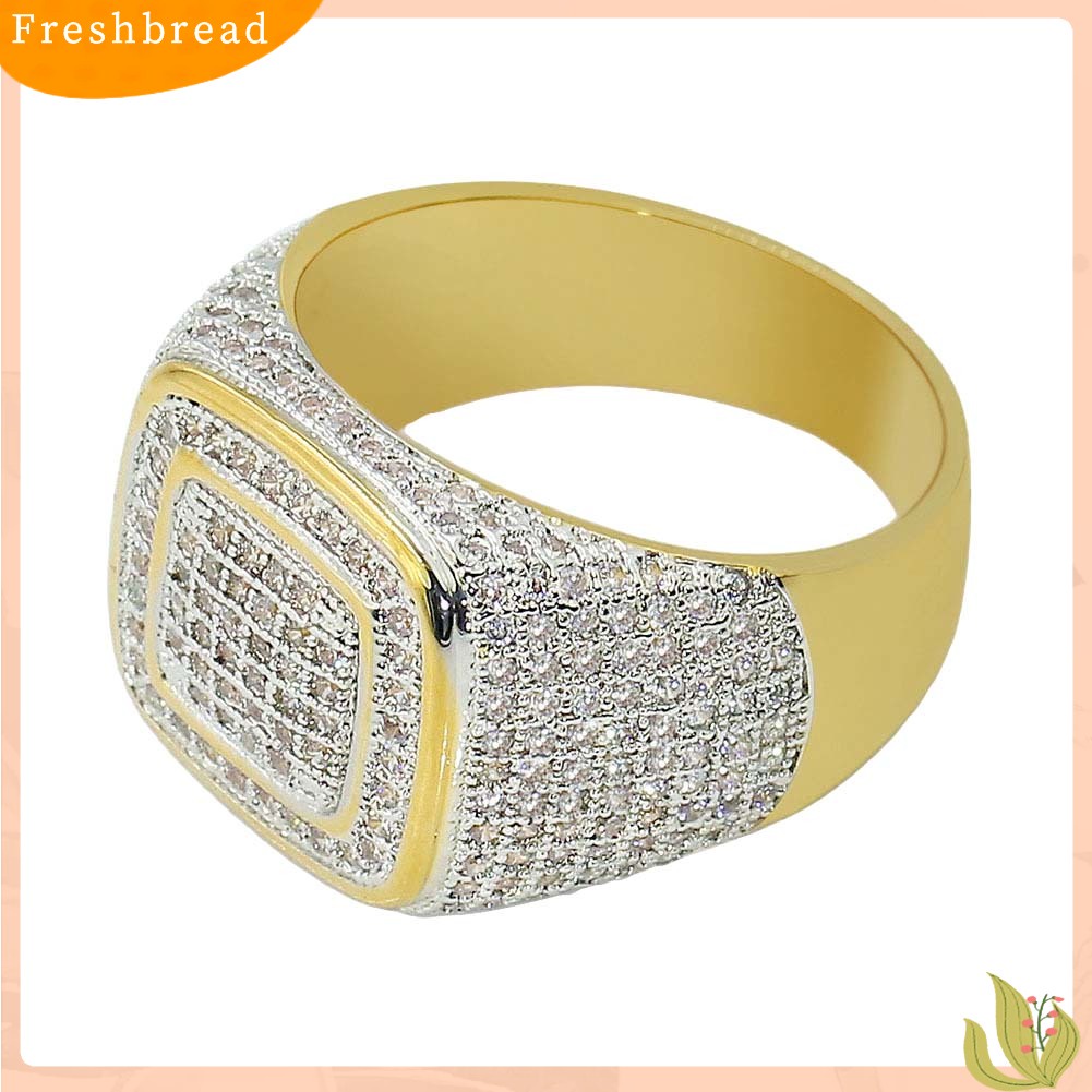< Freshbread > Glitter Pria Persegi Penuh Berlian Imitasi Bertatahkan Jari Cincin Pernikahan Pertunangan Perhiasan