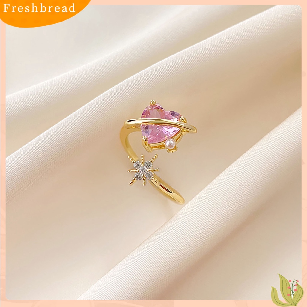 &lt; Freshbread &gt; Berlian Imitasi Bersinar Dapat Disesuaikan Wanita Cincin Pink Cubic Zirconia Jantung Pembukaan Cincin Perhiasan Aksesoris