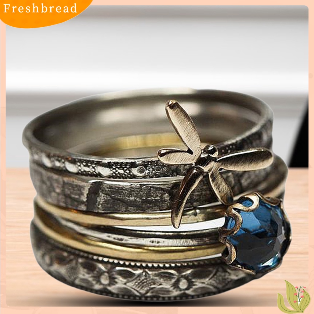 &lt; Freshbread &gt; Cincin Jari Gaya Vintage Multi-layer Anti-Cacat Capung Biru Faux Kristal Engagement Ring Untuk Pacaran