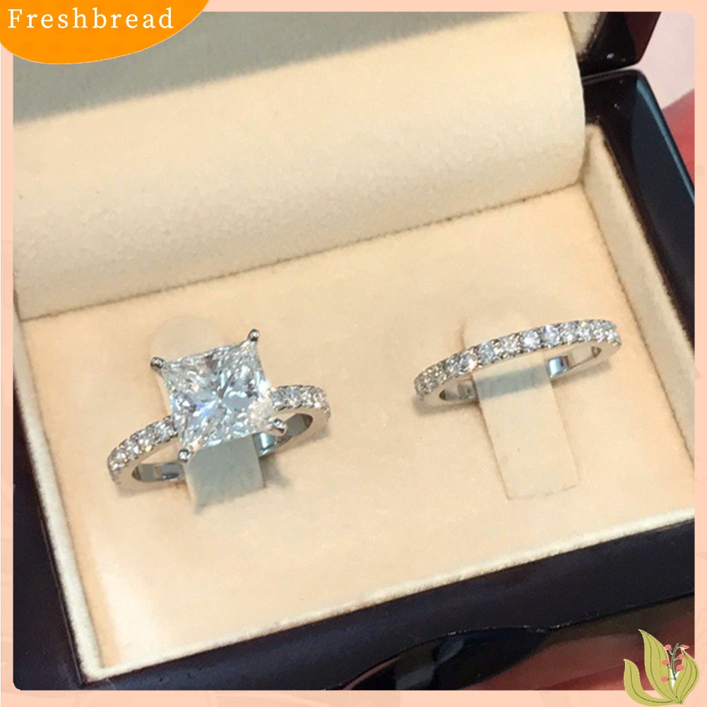 &lt; Freshbread &gt; 2Pcs/Set Cincin Susun Berlian Imitasi Persegi Pernikahan Pertunangan Wanita Jari Perhiasan